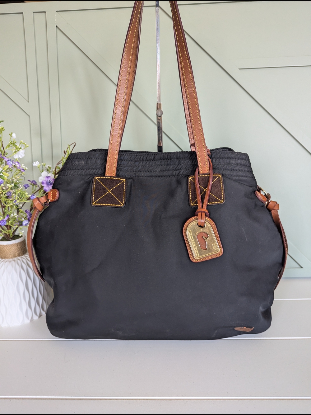Dooney & Bourke "Victoria" Black Nylon Cinch-Side Tote - Picture 2 of 12